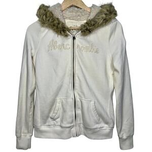 Abercrombie & Fitch Cream Tan Faux Fur Sherpa Hoodie Sweatshirt Jacket Womens L